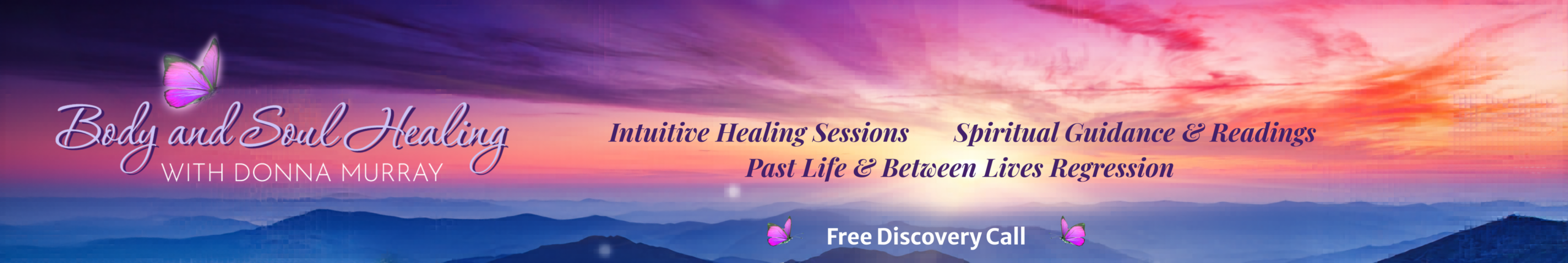 Intuitive healing practitioner banner with nature background, logo, services, and free discovery call information